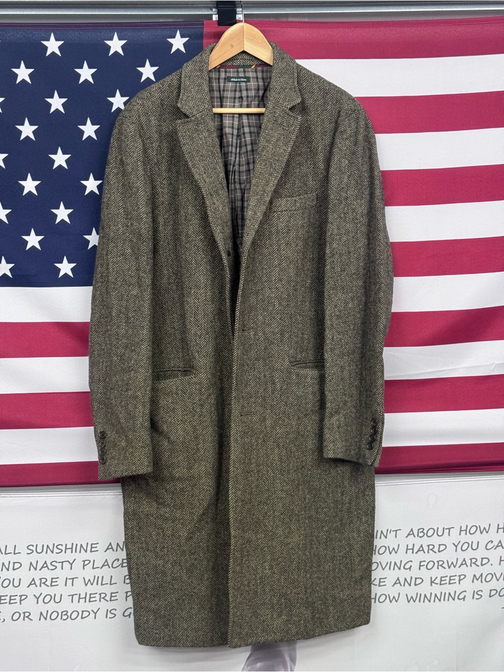 J. Crew Olive Herringbone Long Pea Coat with Plaid Lining
